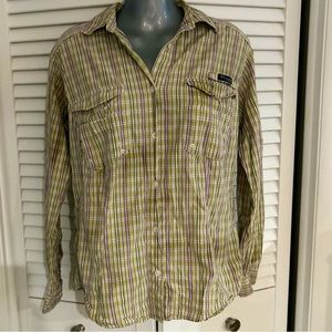 Columbia PFG long sleeve fishing/sun shirt. Green and purple plaid size small